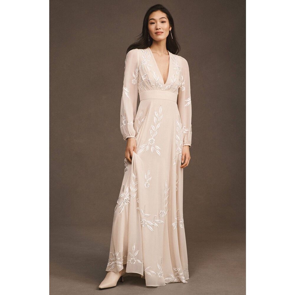 Anthropologie BHLDN Belize Embroidered A-Line Long-Sleeve V-Neck Gown $398